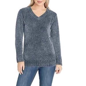 Orvis Chenille Marled Navy Blue V-Neck Split Side Hem Sweater | Large